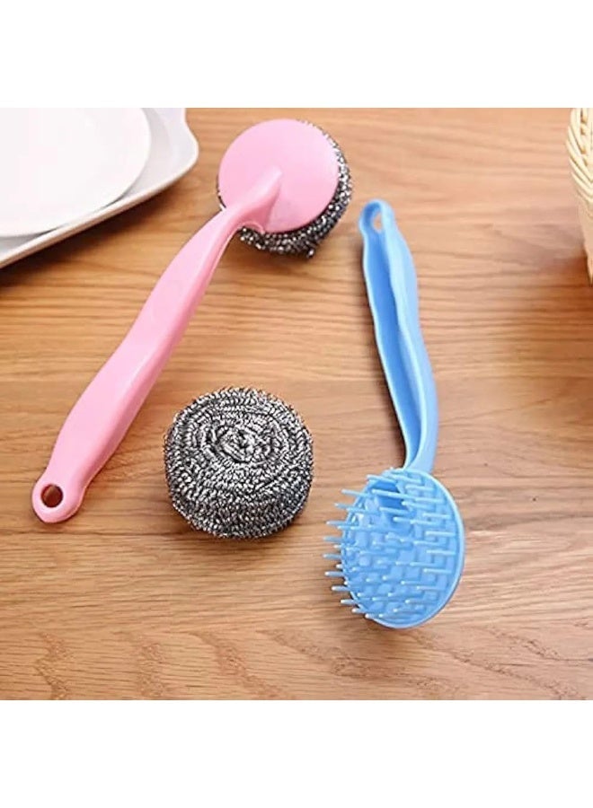 ليفة مواعين سلك بيد مقبض بلاستيكي 4*1 قطعة إسفنجة مطبخ سلكية من الفولاذ المقاوم للصدأ لغسل الأطباق وتنظيف أدوات المطبخ، ليفة استانلس حلزونية لتنظيف حلل الطهي والأطباق - Image 2